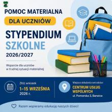 plakat informujący o terminie składania wniosków na pomoc materialną dla uczniów.