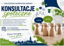 Plakat informujący o konsultacjach społecznych dotyczących Programu współpracy Gminy Barwice z organizacjami pozarządowymi oraz podmiotami prowadzącymi działalność pożytku publicznego na 2027 rok. Konsultacje trwają od 10 września do 12 października 2026 r.